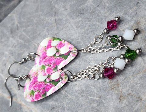 Pink and White Tulip Guitar Pick Earrings with Swarovski Crystal Dangles