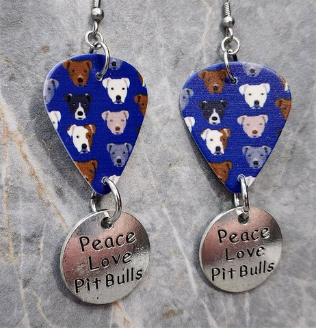 Pit Bull Blue Guitar Pick Earrings with Peace Love Pit Bulls Charm Dangles