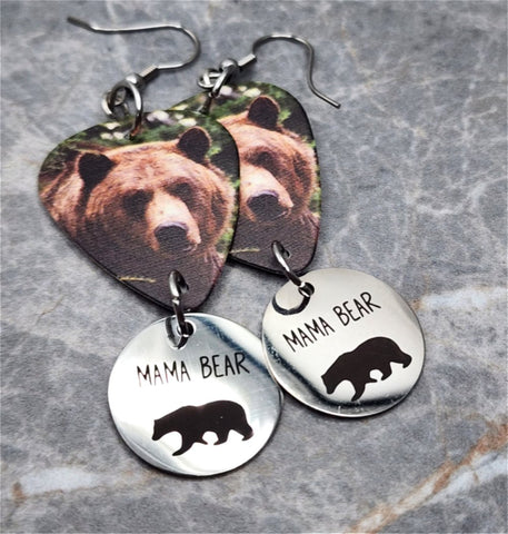 Mama Bear Guitar Pick Earrings with Stainless Steel "Mama Bear" Charm Dangles