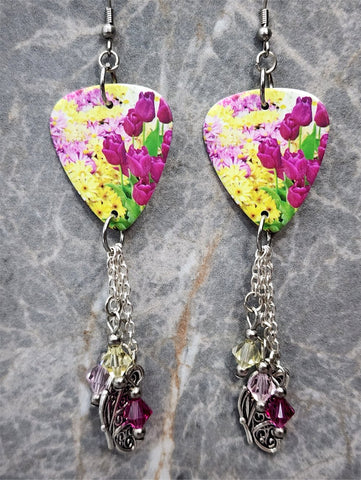 Vibrant Flower Guitar Pick Earrings with Butterfly Charm and Swarovski Crystal Dangles