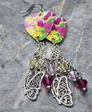 Vibrant Flower Guitar Pick Earrings with Butterfly Charm and Swarovski Crystal Dangles