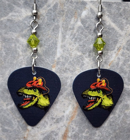 Tyrannosaurus Wearing a Cowboy Hat Foam Dome Guitar Pick Earrings with Lime Green Swarovski Crystals