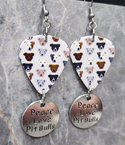 Pit Bull Guitar Pick Earrings with Peace Love Pit Bulls Charm Dangles