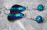 Acoustic Guitar in Teal and Blue Guitar Pick Earrings with Teal ABx2 Pave Bead Dangles