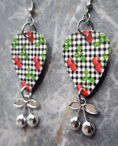 Cherries and Gingham Guitar Pick Earrings with Cherry Charm Dangles