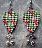 Cherries and Gingham Guitar Pick Earrings with Cherry Charm Dangles