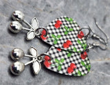 Cherries and Gingham Guitar Pick Earrings with Cherry Charm Dangles