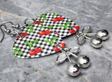 Cherries and Gingham Guitar Pick Earrings with Cherry Charm Dangles