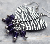 Zebra Patterned Guitar Pick Earrings with Purple Swarovski Crystal Dangles