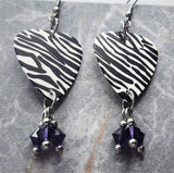 Zebra Patterned Guitar Pick Earrings with Purple Swarovski Crystal Dangles