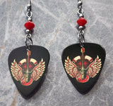 Electric Guitar with Wings Guitar Pick Earrings with Red Swarovski Crystals