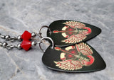 Electric Guitar with Wings Guitar Pick Earrings with Red Swarovski Crystals