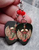 Electric Guitar with Wings Guitar Pick Earrings with Red Swarovski Crystals