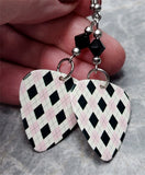 Pink, Black and White Argyle Guitar Pick Earrings with Black Swarovski Crystals