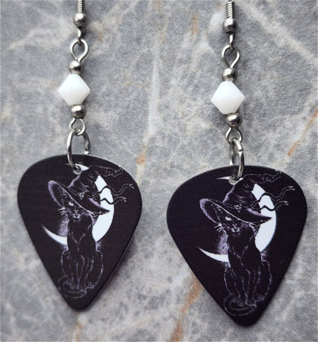 Witchy Black Cat and Quarter Moon Guitar Pick Earrings with White Swarovski Crystals