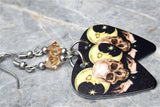 Double Half Moon, Skull and Hands Guitar Pick Earrings with Gold Swarovski Crystals