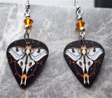 Celestial Lunar Moth Guitar Pick Earrings with Orange Swarovski Crystals
