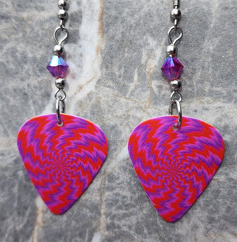 Intensely Colored Swirled Guitar Pick Earrings with Fuchsia ABx2 Swarovski Crystals