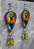 Tyrannosaurus Rex with Headphones and Sunglasses Guitar Pick Earrings with Lime Green Swarovski Crystal Dangles
