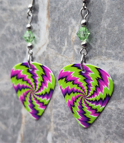Green Purple and Pink Swirled Guitar Pick Earrings with Green Swarovski Crystals