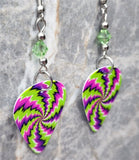 Green Purple and Pink Swirled Guitar Pick Earrings with Green Swarovski Crystals