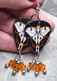 Celestial Lunar Moth Guitar Pick Earrings with Orange Swarovski Crystal Dangles
