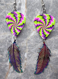 Green Purple and Pink Swirled Guitar Pick Earrings with Long Feather Charms