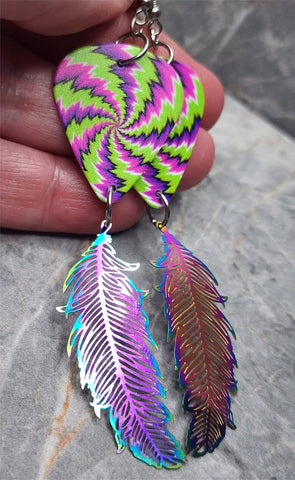 Green Purple and Pink Swirled Guitar Pick Earrings with Long Feather Charms