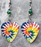 Spiral Tie Dye Guitar Pick Earrings with Green AB Swarovski Crystals