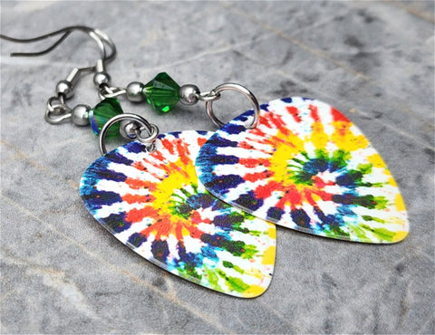 Spiral Tie Dye Guitar Pick Earrings with Green AB Swarovski Crystals