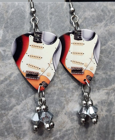 Electric Guitar Guitar Pick Earrings with Metallic Silver Swarovski Crystal Dangles