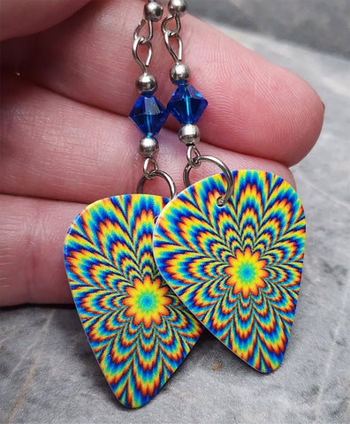 Blue and Yellow Optical Illusion Guitar Pick Earrings with Capri Blue Swarovski Crystals