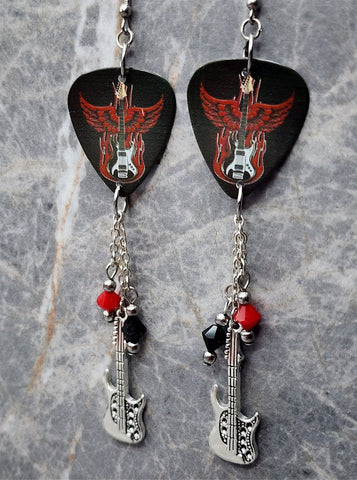 Electric Guitar with Red Wings Guitar Pick Earrings with Charm and Swarovski Crystal Dangles