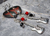 Electric Guitar with Red Wings Guitar Pick Earrings with Charm and Swarovski Crystal Dangles