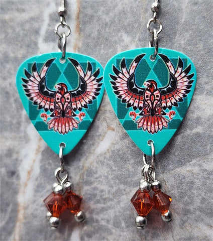 Thunderbird Guitar Pick Earrings with Indian Red Swarovski Crystal Dangles