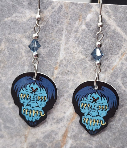 Sewn Shut Zombie Guitar Pick Earrings with Blue Swarovski Crystals
