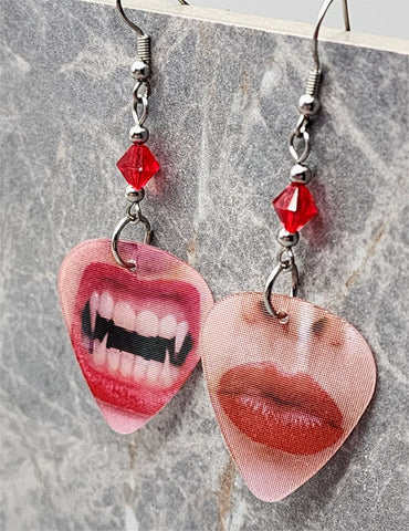 Holographic Fangs Guitar Pick Earrings with Red Swarovski Crystals
