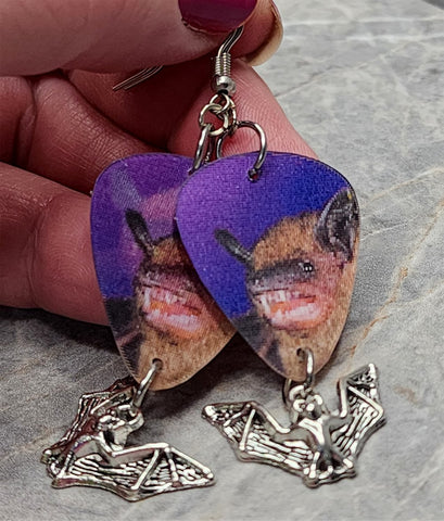 Holographic Vampire Bat Guitar Pick Earrings with Bat Charm Dangles