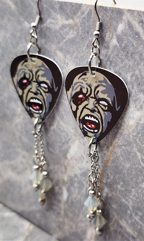 Classic Movie Monsters Zombie Guitar Pick Earrings with Gray Opal Swarovski Crystal Dangles