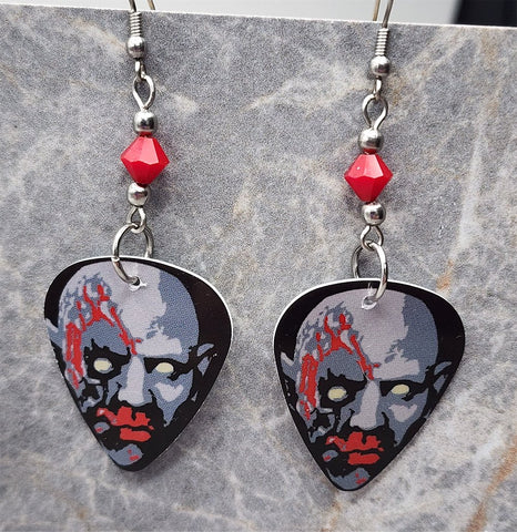 Classic Movie Monsters Zombie Guitar Pick Earrings with Red Swarovski Crystals