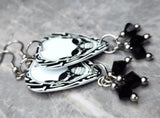 Skull Guitar Pick Earrings with Black Swarovski Crystal Dangles