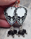 Skull Guitar Pick Earrings with Black Swarovski Crystal Dangles