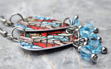 Jesus Shouldering the Cross Stained Glass Guitar Pick Earrings with Aqua Blue Swarovski Crystal Dangles