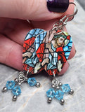 Jesus Shouldering the Cross Stained Glass Guitar Pick Earrings with Aqua Blue Swarovski Crystal Dangles