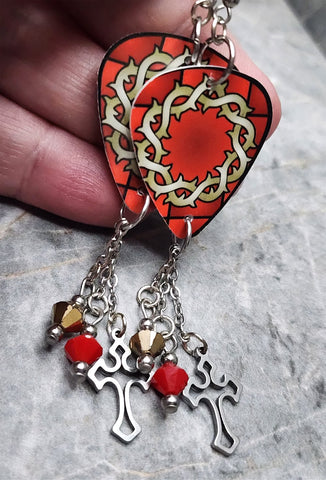 Crown of Thorns on Stained Glass Guitar Pick Earrings with Cross Charm and Swarovski Crystal Dangles