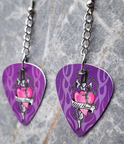 Tattoo Style Heart with Dagger and Barbed Wire Dangling Guitar Pick Earrings