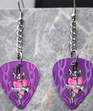 Tattoo Style Heart with Dagger and Barbed Wire Dangling Guitar Pick Earrings