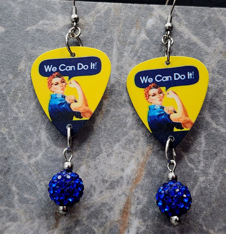 Rosie the Riveter Guitar Pick Earrings with Blue Pave Bead Dangles