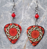 Crown of Thorns on Stained Glass Guitar Pick Earrings with Red Swarovski Crystals