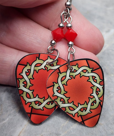 Crown of Thorns on Stained Glass Guitar Pick Earrings with Red Swarovski Crystals